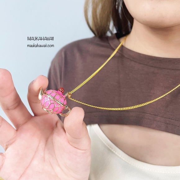 Enamel Pink Teapot Poison Pill Secret Compartment Necklace w 18 in Chain New! - Picture 7 of 14